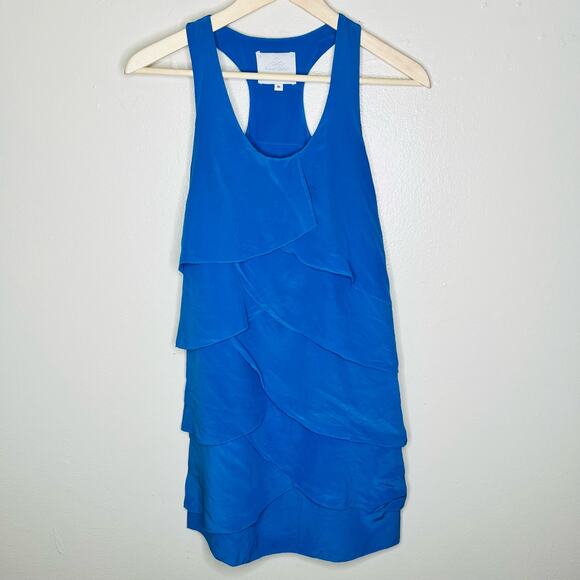 Madison Marcus 100% Silk Tank Dress XS Blue Tiered Mini Racerback Scoop Neck - Picture 1 of 7